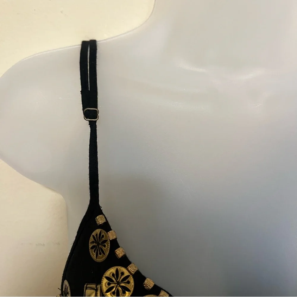 Earthbound M Gold Bead Elastic Waist Black Sleeveless Dress Strappy Back Women